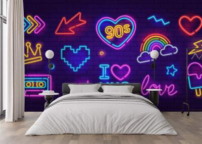 Vector Neon Sign set 3 on brick wall background. Editable neon icons set of retro video game 90s style, arrow set, Ice Cream, Rainbow,  VHS, audio cassette glowing light banner, emblem for club or bar Wall mural