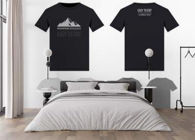 Vector t-shirt mockup set of black, white, grey colors with silhouette of mountain print design. Front and back tshirt isolated from white Wall mural