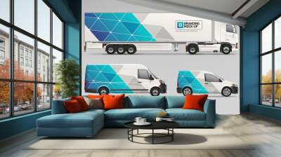 Vector Truck Trailer, Cargo Van, Delivery Car with branding design - realistic mock-up set. Abstract blue graphics design for Business Corporate identity on Company Cars. Set of delivery Transport Wall mural