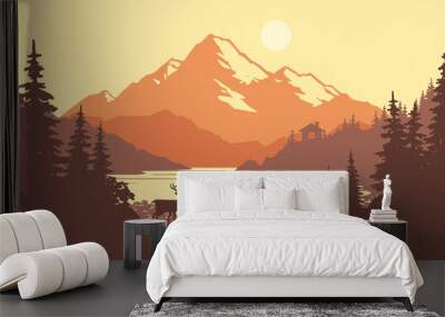 Vintage mountain lake autumn landscape with pine forest, hut and deer silhouette. Traveling and camping poster design. Sepia color scheme vintage flat illustration Wall mural