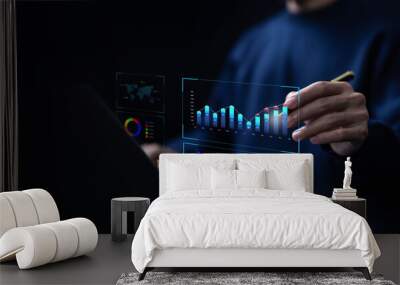 analyst manages the system database, analytics business and reports on the computer. concept of analysis data plans shows a dashboard chart, research on platform digital technology Wall mural