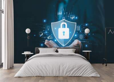 lock mark cybersecurity internet, protect attacks from a hacker. concept of password privacy on an online system, secure data from crime, virus cyber. cyber security technology digital information. Wall mural