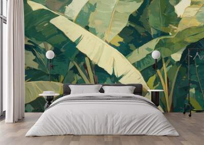 Abstract painting of banana leaf texture featuring dark green foliage evoking a tropical nature atmosphere Wall mural