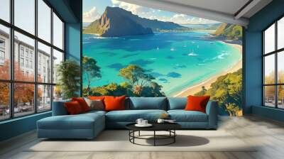 Aerial view of a beach with turquoise waters surrounded by mountain hills and lush tropical trees at sunset showcasing the beauty of nature in a summer travel scene Wall mural