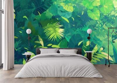 Artistic depiction of fern leaves in a vibrant natural setting showcasing lush foliage and tropical plant arrangements amid rich greenery Wall mural