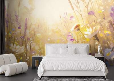 Artistic depiction of stunning wildflowers with droplets in a natural setting Wall mural