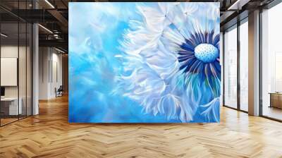 Artistic painting of a stunning blue nature backdrop featuring a macro shot of a vibrant spring dandelion flower Captivating light plays with close up photography for a dreamy abstract floral conc Wall mural