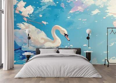 Artwork of a swan gracefully gliding across a serene body of water Wall mural