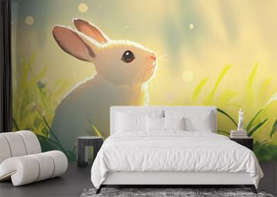 Artwork of an adorable rabbit on lush grass with a soft bokeh background in springtime Charming bunny playing in a garden showcasing a delightful pet in a sunlit setting Wall mural