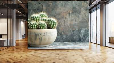 Beautiful Cactus in ceramic bowl on cement background vintage style Wall mural