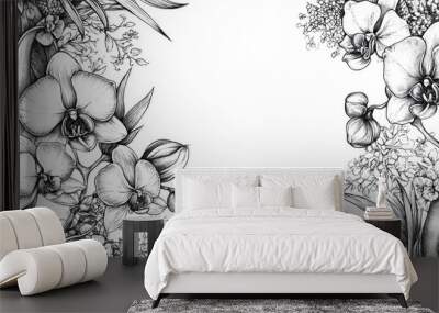 Black and white line art illustration of a panoramic banner featuring orchids and floral designs Wall mural