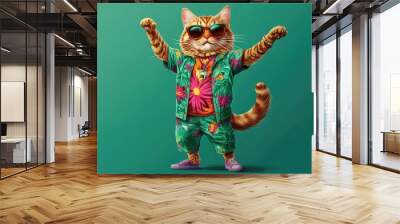 Cat in vibrant attire and sunglasses dancing against a green backdrop Wall mural