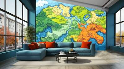 Colorful 2D cartoon illustration of a political map displaying administrative divisions and provinces Wall mural