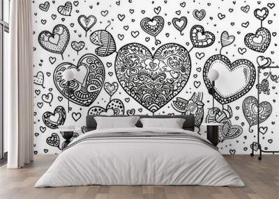 Coloring book illustration of a romantic theme with hearts and love symbols on a white background Wall mural