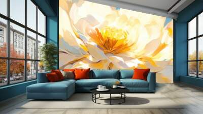 Delicate painting of soft white flower petals with a vibrant yellow center Wall mural