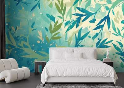 Elegant light blue and green vector wallpaper featuring origami style leaf doodles A colorful pattern suitable for children s books Wall mural