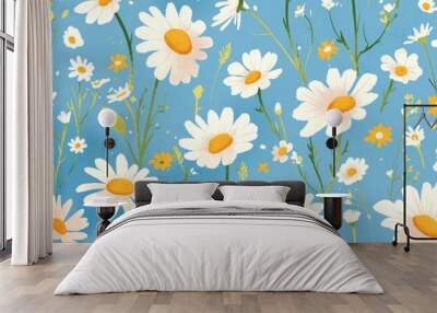 Flat lay of a daisy pattern featuring chamomile flowers against a blue background Repetitive design showcasing spring and summer themes Top view composition Wall mural