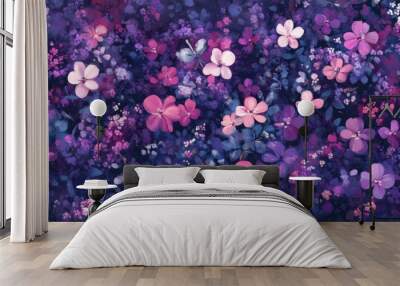 Floral painting featuring small flowers and a blooming shrub creating a dreamy purple botanical pattern for a wallpaper backdrop Wall mural