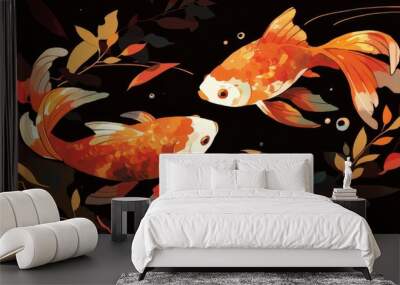 Goldfish artwork set against a black backdrop Wall mural