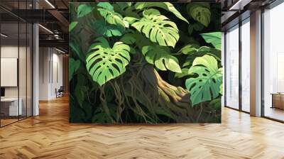 Green leaves of a Monstera liana plant flourishing in the wild climbing a tree trunk in a tropical forest The evergreen vines are set against a black background with a clipping path Wall mural