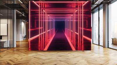 Neon glowing lines in a dark tunnel create ethereal reflections on the floor and ceiling The center features an empty background showcasing a futuristic abstract design in 3D Wall mural