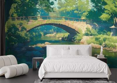 Painting depicting a river source surrounded by natural beauty in a sunny setting within a serene park landscape Wall mural