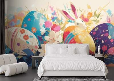 Painting featuring vibrant Easter eggs adorned with floral designs on a colorful backdrop including an area for text inclusion Wall mural