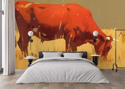 Painting of a red cow grazing in a lush pasture Wall mural