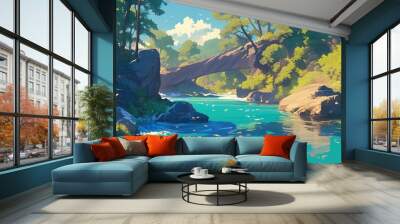 Painting of a serene river surrounded by lush greenery in a tranquil setting Wall mural