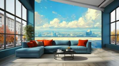 Painting of a vacant marble floor with a city skyline under a blue cloudy sky Wall mural