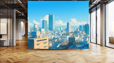 Painting of a vibrant skyline featuring modern office and apartment buildings under a clear blue sky Wall mural