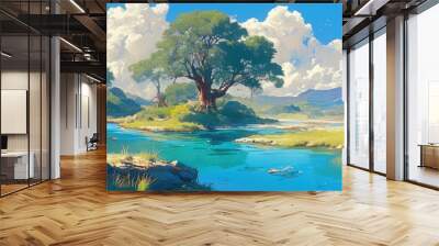 Painting of the Preguicas River a scenic watercourse in a complex of stunning landscapes showcasing its natural beauty and serene environment Wall mural