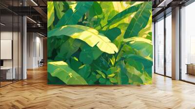 Painting of vibrant green leaves from an exotic tropical plant thriving in a lush rainforest during daylight Wall mural