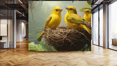 Painting of Weaver birds wida finches and passerine species constructing nests in a natural setting Bright yellow birds engaged in nesting activities Wall mural