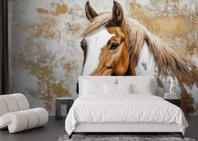 Portrait of a young Pinto horse featuring a mix of brown and white patches Wall mural