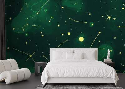 Seamless pattern featuring a green 2d design with abstract constellations and stars Playful magical style perfect for wallpapers fabrics wrapping paper and notebook covers Wall mural