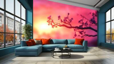 Tree branches silhouetted against a sunset sky, Tree branches silhouette at sunset Wall mural