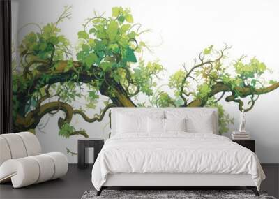 Twisted jungle vines intertwining on a tree branch set against a white background with a clipping path included Wall mural