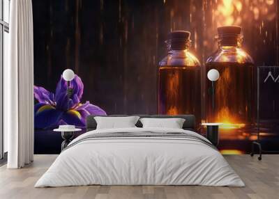 Two oil bottles accompanied by an iris flower, Oil bottles with an iris flower Wall mural