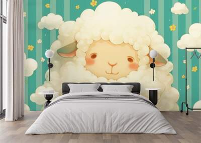 Vector illustration featuring a charming baby sheep set against a green striped background with fluffy white clouds Ideal for children s T shirt design Wall mural