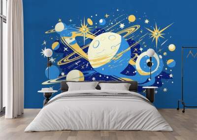 Vector illustration of a whimsical planet and stars depicting a galaxy in outer space Hand drawn doodle style on a blue backdrop Wall mural