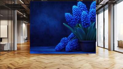 Vibrant blue ornamental flower arrangement featuring grape hyacinth, showcasing stunning botany and wildlife in natural light, perfect for floral backgrounds and macrophotography Wall mural