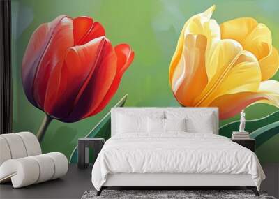 Vibrant depiction of two colorful tulips against a lush green backdrop Wall mural