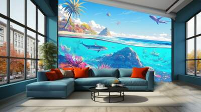 Vibrant painting of a coral reef and tropical island capturing both underwater and above water scenes in a stunning seascape Wall mural