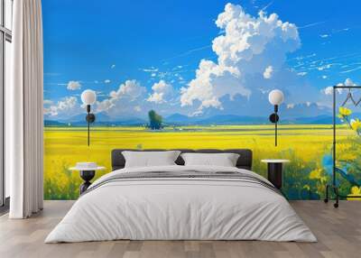 Vibrant rapeseed field in bloom under a blue sky with fluffy clouds showcasing flowers that contribute to green energy Wall mural