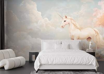 Whimsical wallpaper design featuring a princess and unicorn ideal for a girl s room Soft colors dreamy clouds flowers and a fairytale theme create a magical atmosphere Wall mural