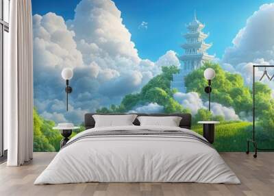 White pagoda surrounded by lush greenery and bright blue sky, White pagoda in a vibrant green landscape under a clear blue sky Wall mural