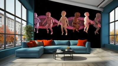 Babies with DNA strands in background.  Diverse human infants of different colors with DNA molecules behind them. Designer babies. Genetically modified babies. GMO babies. 3d illustration render Wall mural