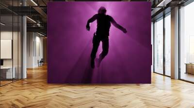 Person floating in fog , mist. Astral plane. Soldier floats in ethereal realm. Silhouette of man in Volumetric light rays.  Alien abduction , abductee . 3d render illustration Wall mural