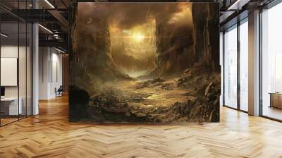 A Glowing Sun Peering Through a Crack in a Rugged, Golden Canyon Wall mural